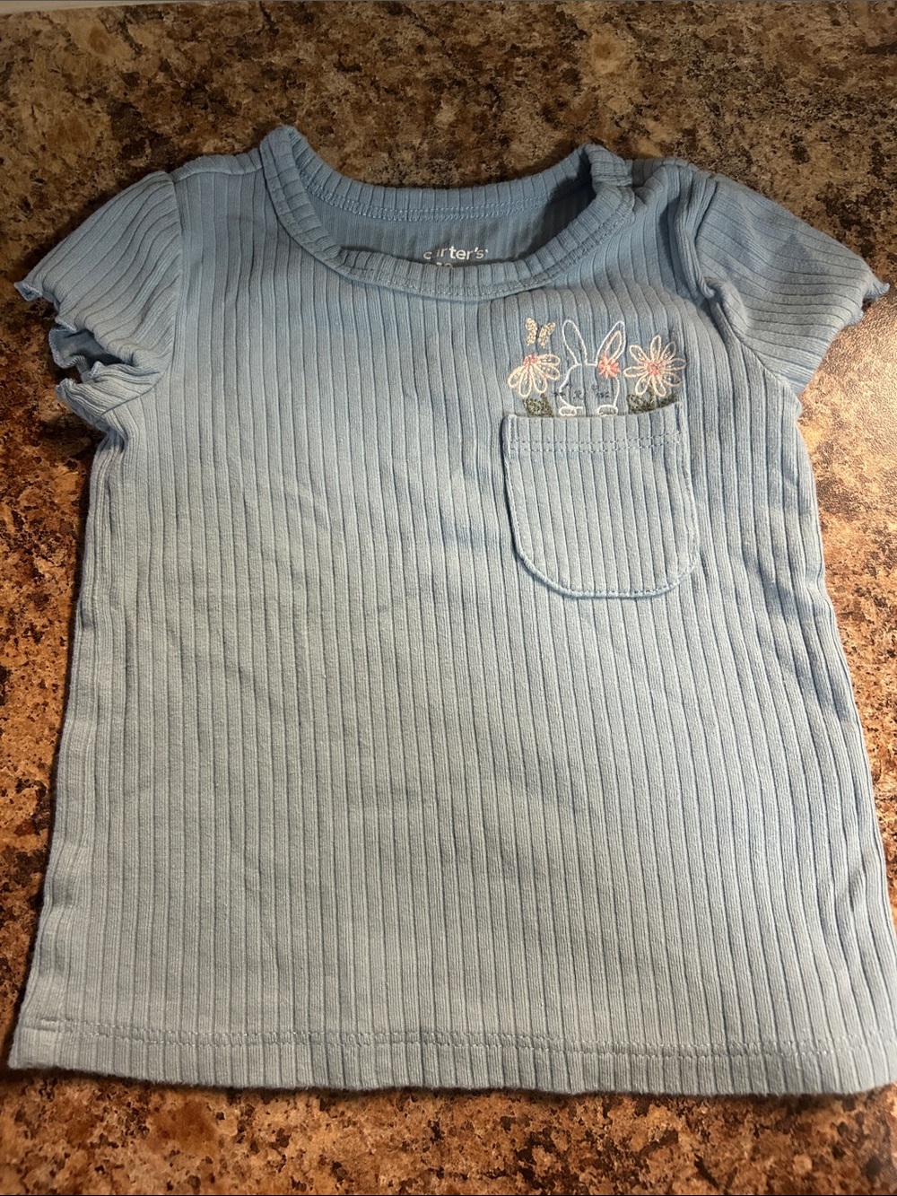 Carter's Light Blue Ribbed Short Sleeve Tee with Floral Pocket Embroidery